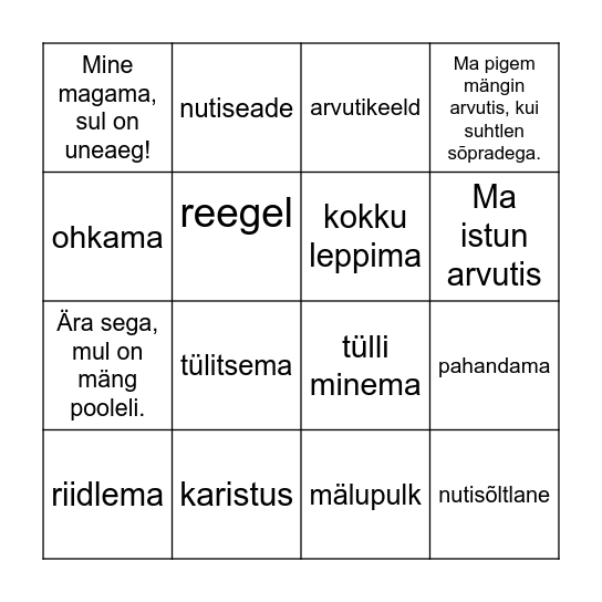 Digisõltuvus Bingo Card