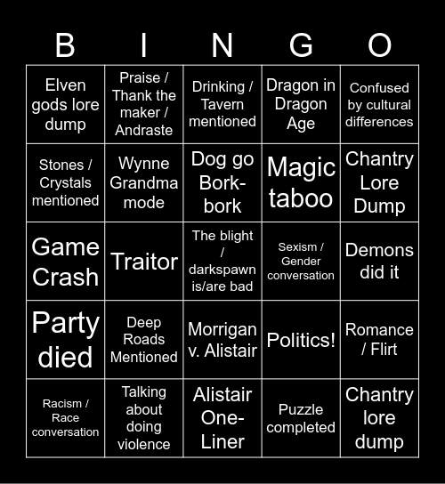 Dragon Age: Origins Bingo Card