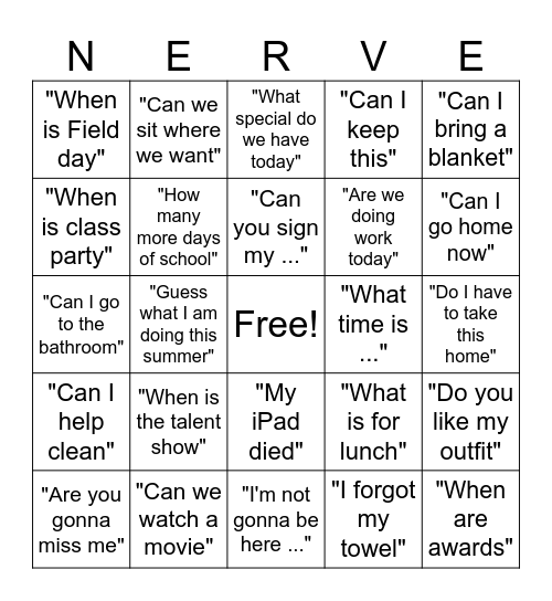 Teacher Last Nerve Bingo Card
