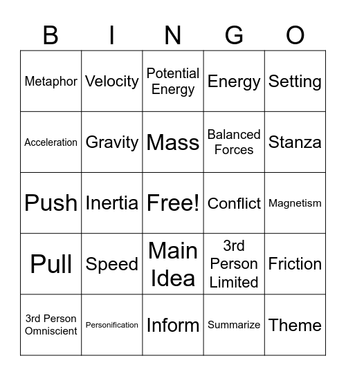 Science and ELA Bingo Card