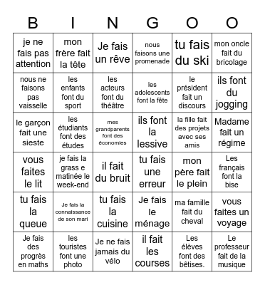 Les expressions avec FAIRE Bingo Card