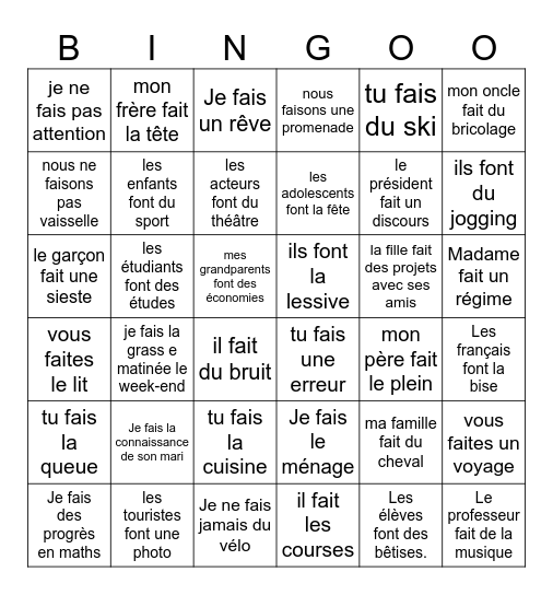 Les expressions avec FAIRE Bingo Card
