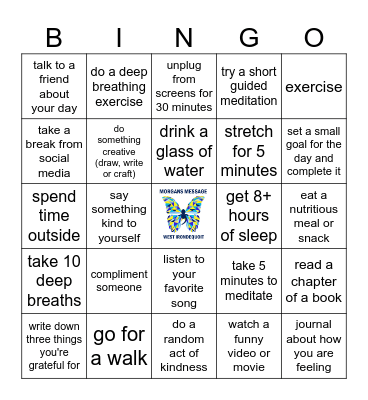 Morgan's Message Mental Health Bingo Card