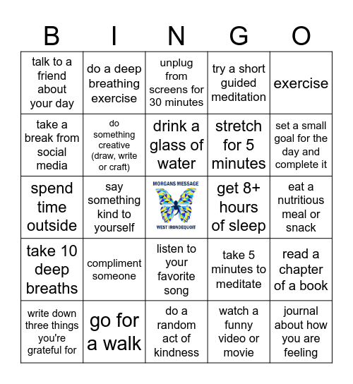 Morgan's Message Mental Health Bingo Card