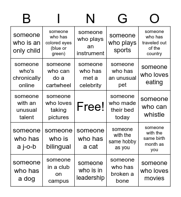 Sophomore Bingo Card