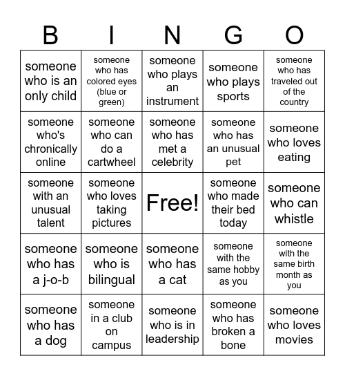 Sophomore Bingo Card
