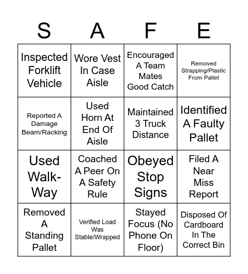 Safety Bingo Card