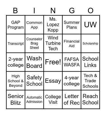SHS Junior Lesson BINGO Card
