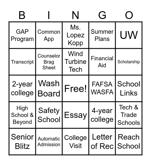 SHS Junior Lesson BINGO Card