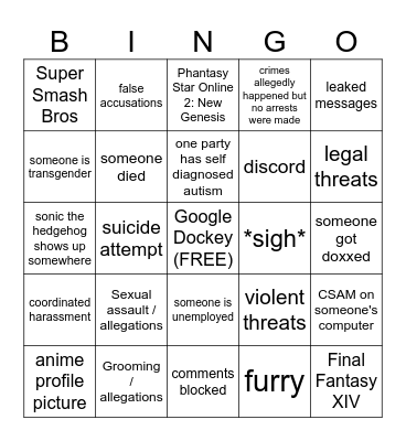 Online Drama Bingo Card