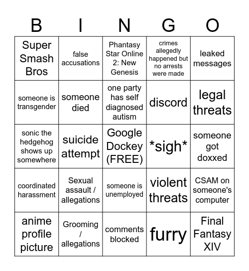 Online Drama Bingo Card