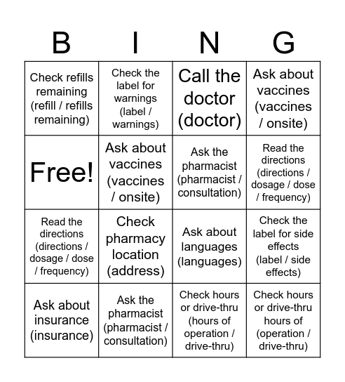 Pharmacy Advice & Vocabulary Bingo Card