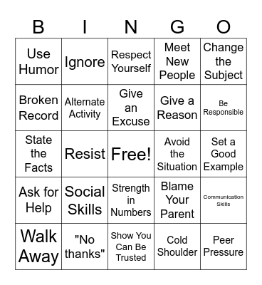 Self-Control & Refusal Bingo Card