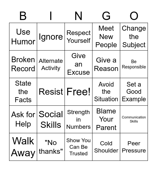 Self-Control & Refusal Bingo Card