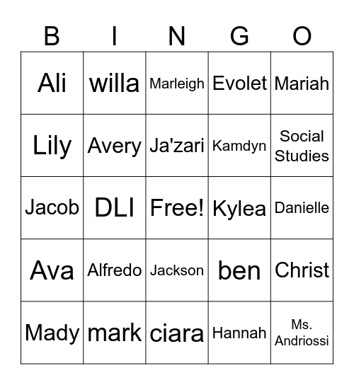8th grade Bingo Card