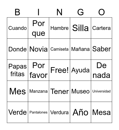 Spanish Bingo Card