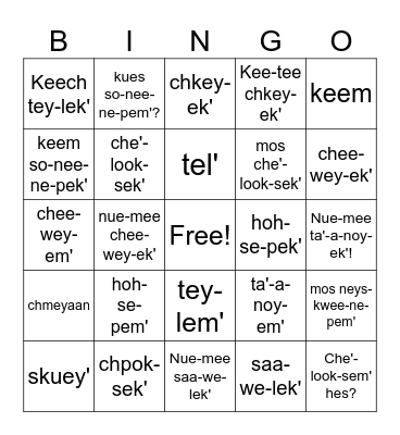 Yurok Emotions Bingo Card