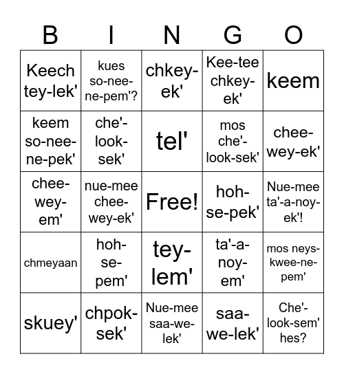Yurok Emotions Bingo Card