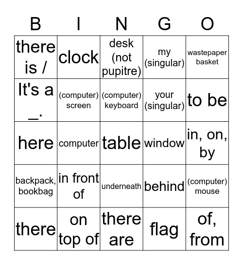Capitulo 2B - vocabulario - Tu sala de clase Bingo Card