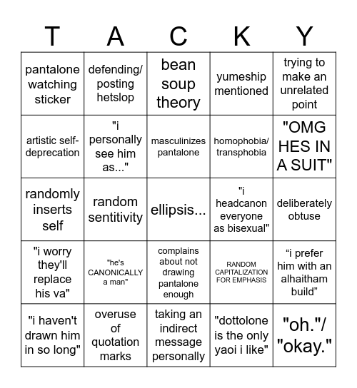 tacky tacky kirky Bingo Card