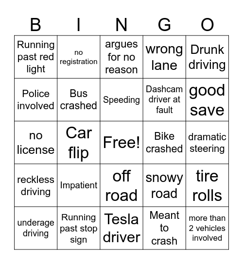 Idiots In Cars Bingo Card