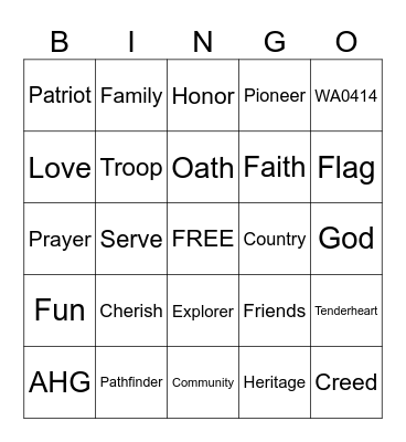 American Heritage Girls Bingo Card