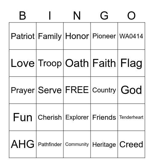 American Heritage Girls Bingo Card