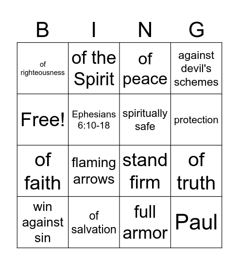 Armor of God Bingo Card