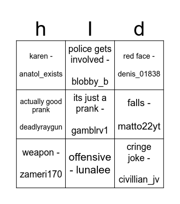 HIDE Bingo Card