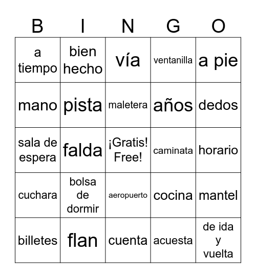Spanish 2 Post-Test Review Bingo Card