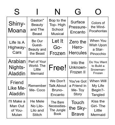 Disney SINGO Bingo Card
