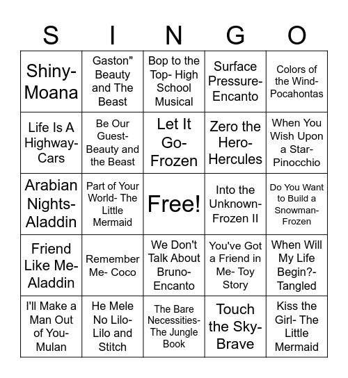 Disney SINGO Bingo Card