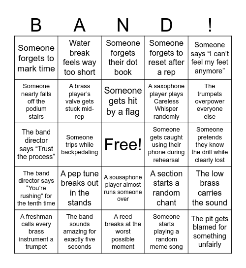 Marching Band Bingo Card