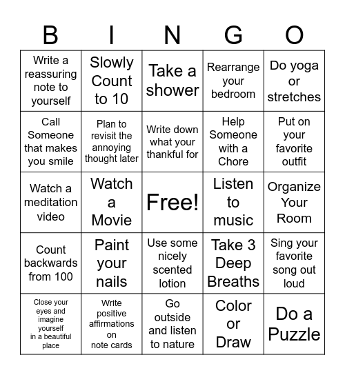 Coping skills Bingo Card