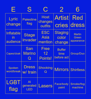 Eurovision Semi-Final Bingo Card