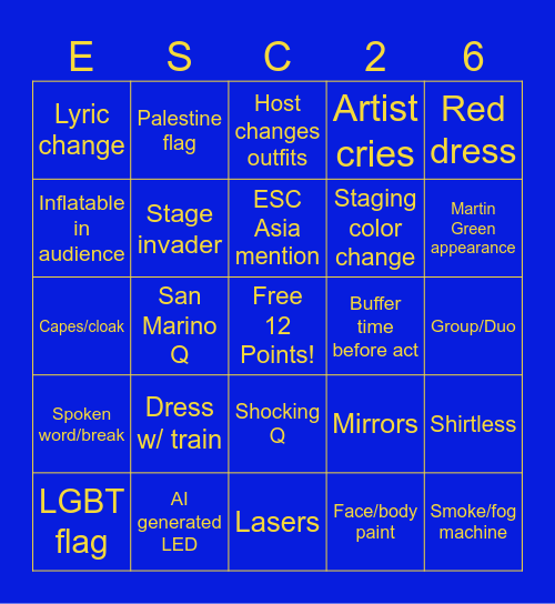 Eurovision Semi-Final Bingo Card