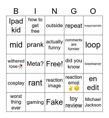 youtube short Bingo Card