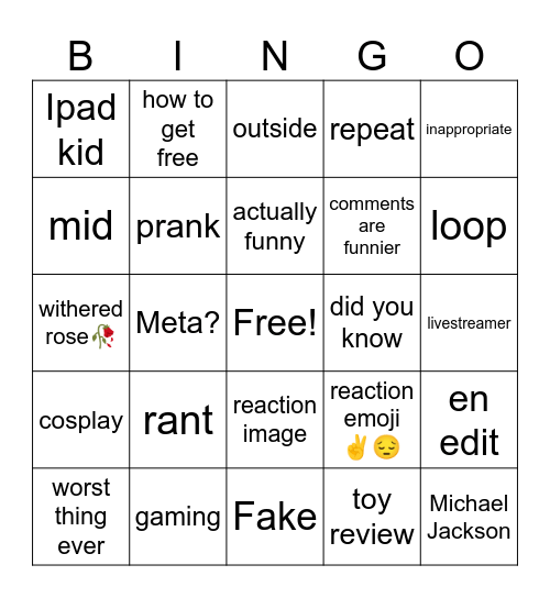 youtube short Bingo Card