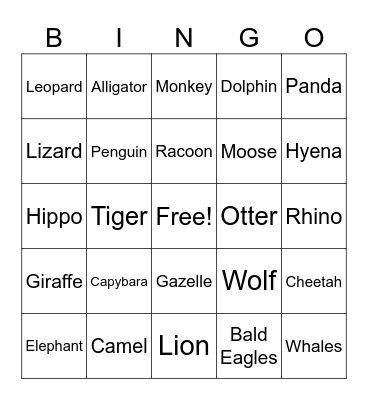 Animal Bingo Card