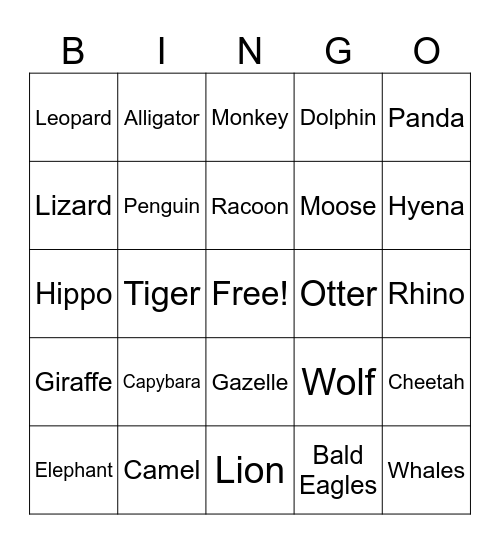 Animal Bingo Card