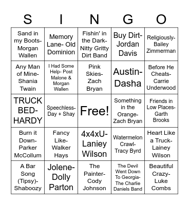 Country Hits Bingo Card