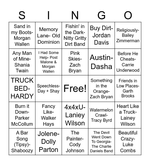 Country Hits Bingo Card