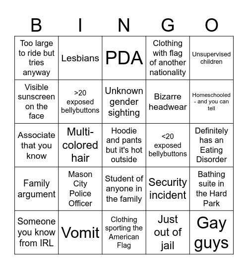 Kings Island Bingo Card