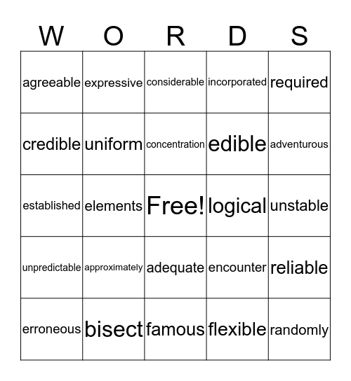 Intervention Vocabulary Bingo Card