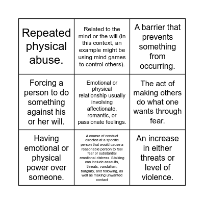 Unit 10 Intimate Partner Violence: Words to Know Bingo Card