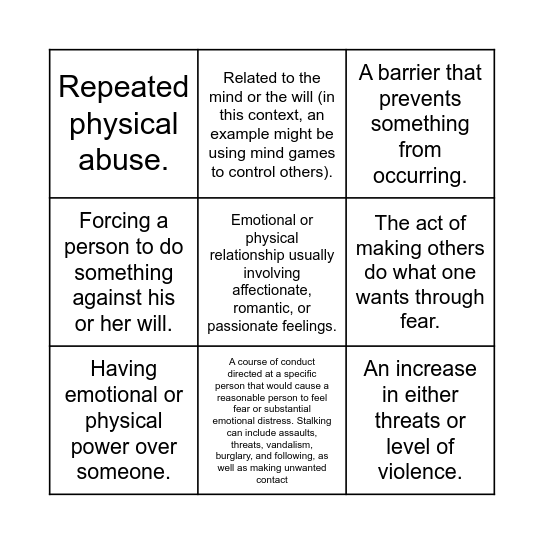 Unit 10 Intimate Partner Violence: Words to Know Bingo Card