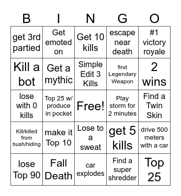 Solo Fortnite Bingo Card