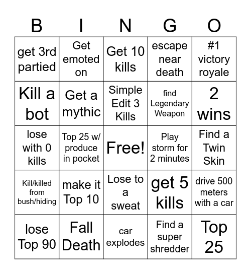 Solo Fortnite Bingo Card