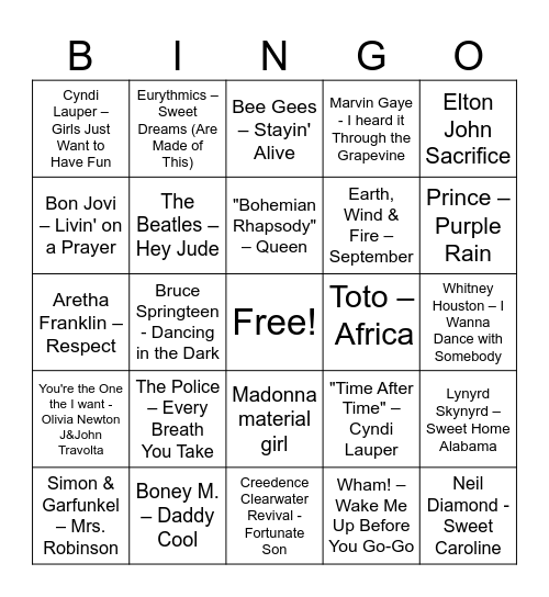Oldies but Goldies Bingo Card