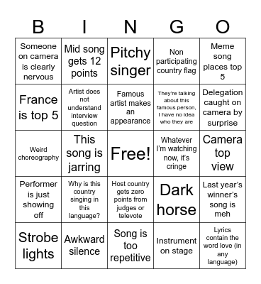 Eursovision 2026 Bingo Card
